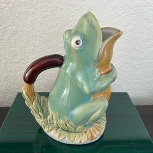 Vintage whimsical Majolica medium frog pitcher vase 8”